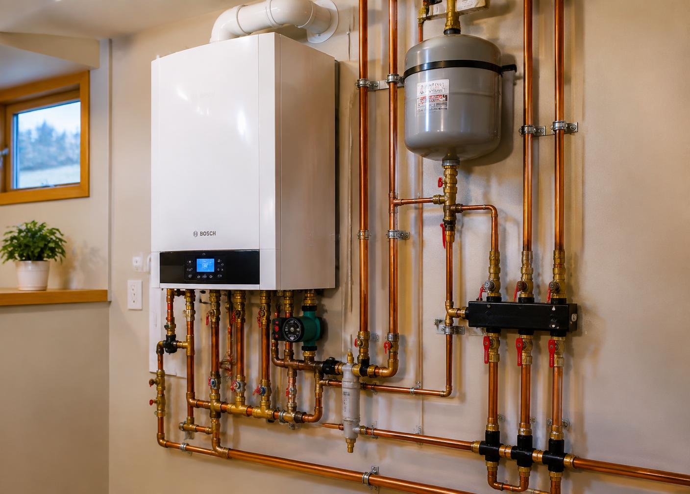 Wall-mounted residential boiler with copper piping