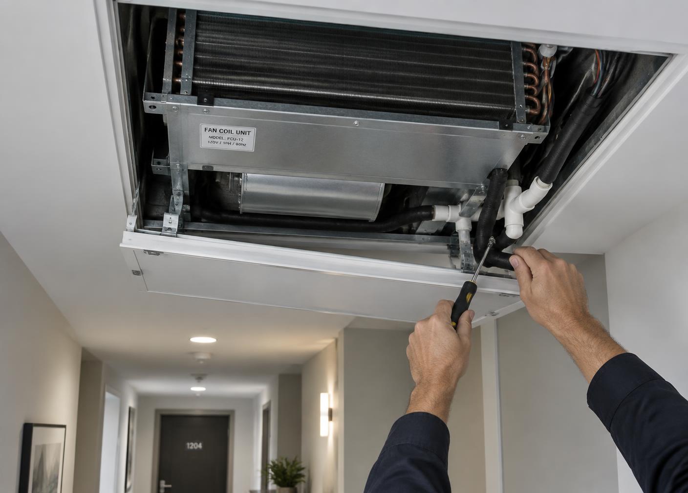 Technician servicing a condo fan coil unit above a hallway ceiling panel in the GTA